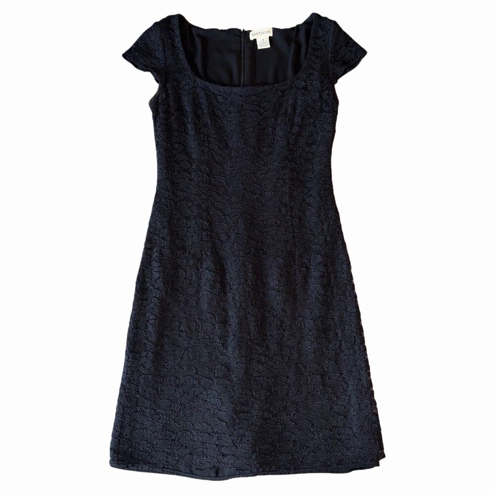Vintage Ann Taylor Loft Dress Black Lace Floral Short Sleeve 90s Size 4